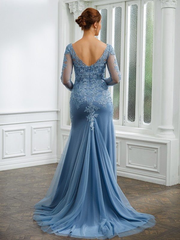 Wholesale Sheath/Column Tulle Applique V-neck Long Sleeves Sweep/Brush Train Mother of the Bride Dresses